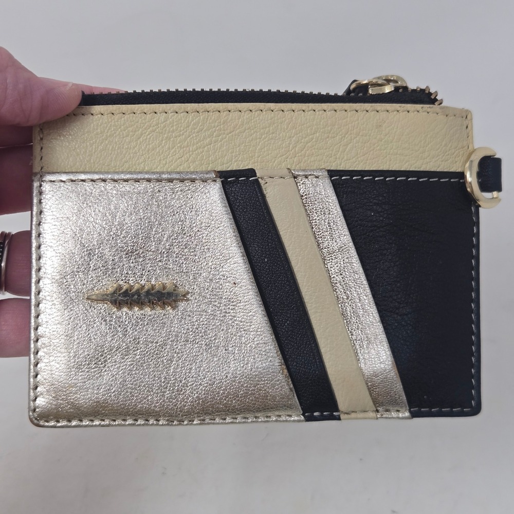 Thacker NY Leather Card Case Wallet Metallic Silver Black Cream Zip Pouch